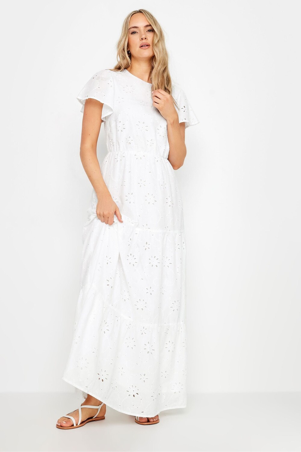 

Платье макси из 100% хлопка с вышивкой и рукавами крылышками Long Tall Sally, белый