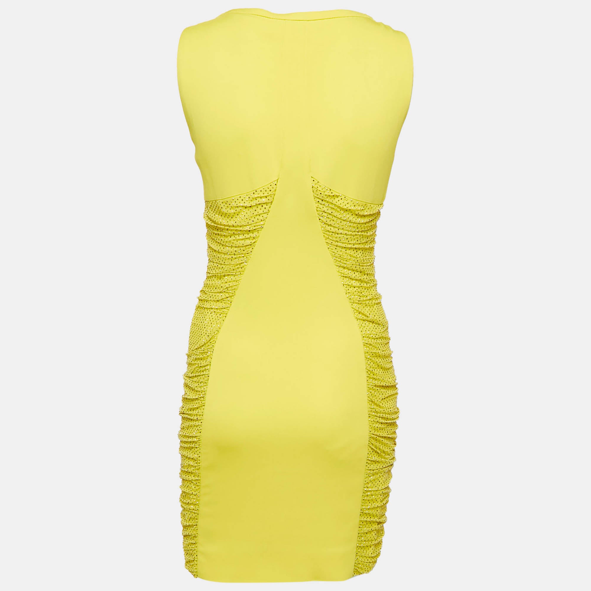 Желтое мини-платье Versace из тюля и трикотажа с драпировкой — фото 2