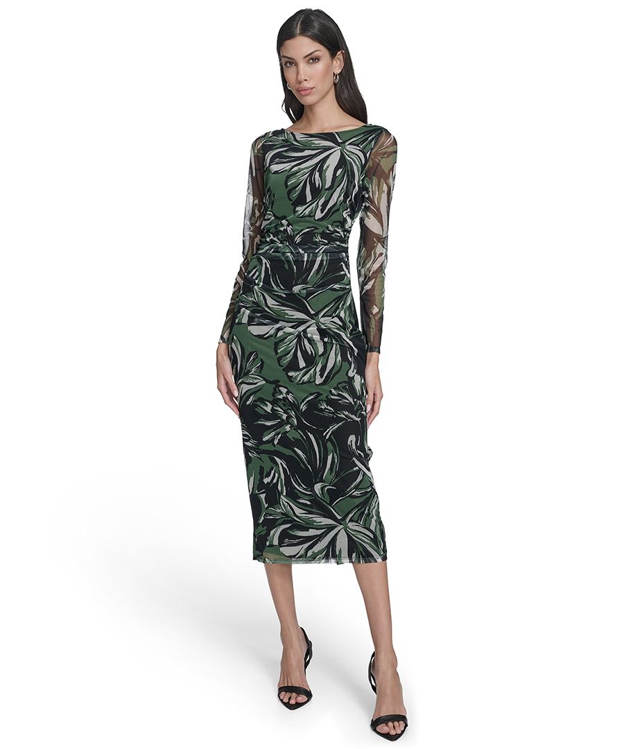 

Женское платье с длинными рукавами из сетчатой ткани с принтом Vince Camuto, Green Multi