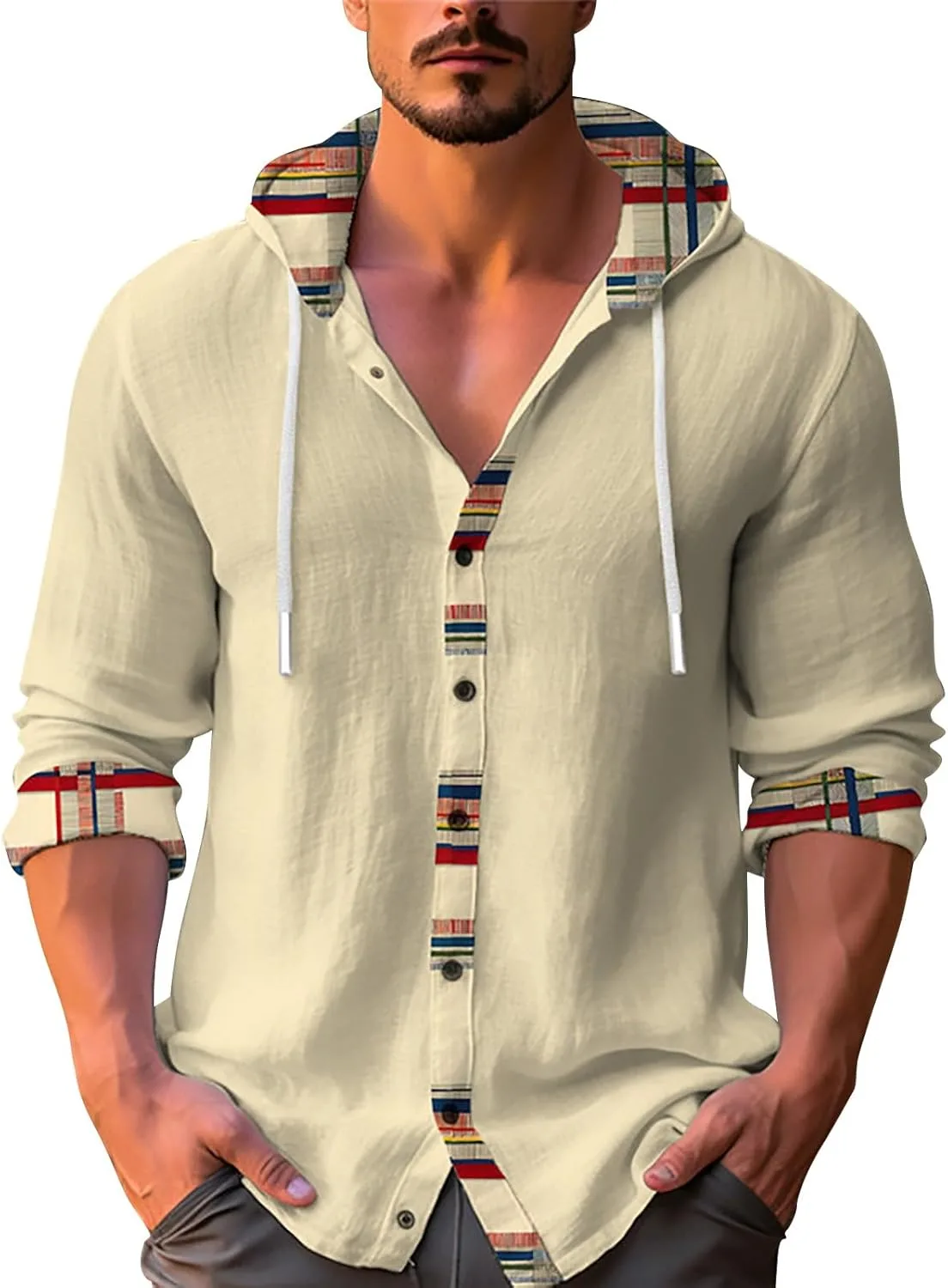 

Мужская льняная толстовка с капюшоном на пуговицах