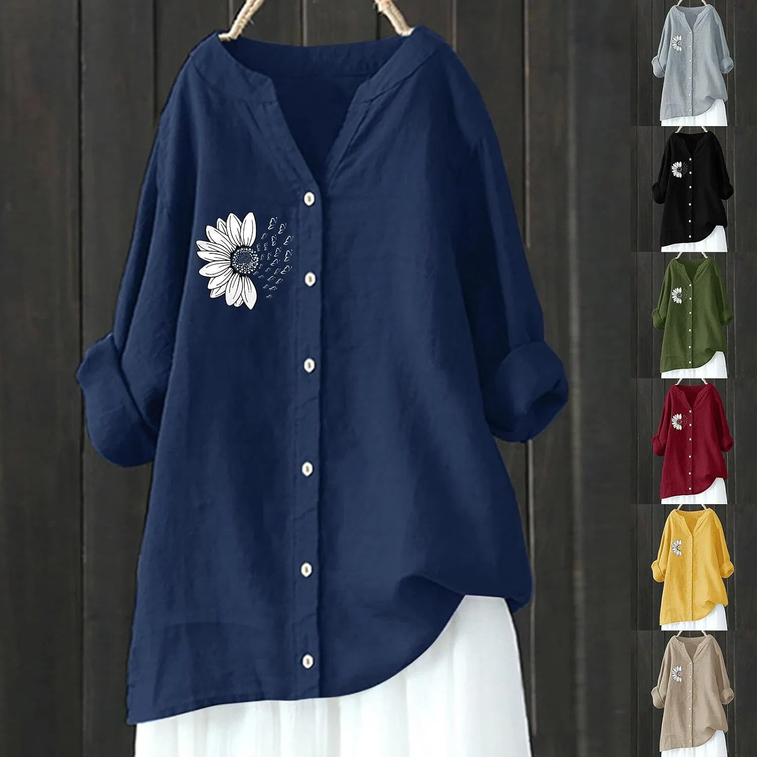 Блуза с цветочным принтом, Women Cotton Linen Top, зеленый — фото 2