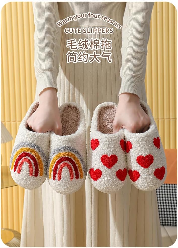 Тапочки Loizziuy Cute Heart милые пушистые тапочки для женщин и мужчин, теплые тапочки на зиму, с памятью формы, мягкие уютные домашние тапочки, Rainbow — фото 2