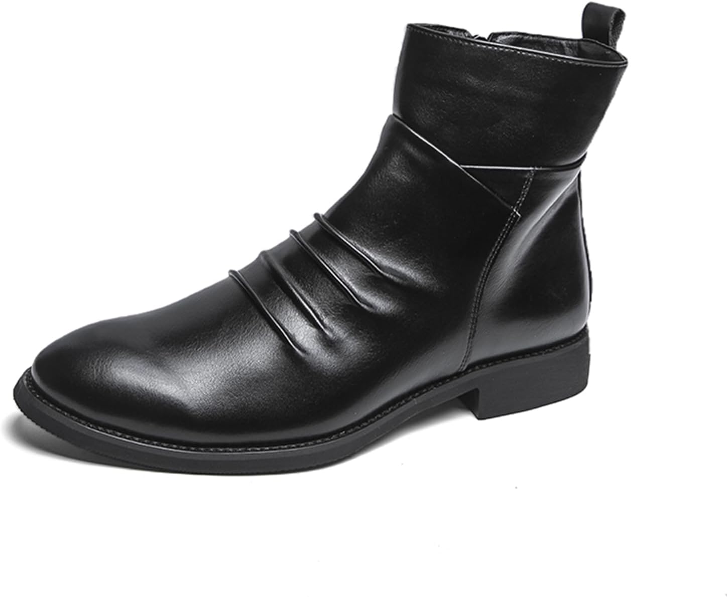 

Мужские черные кожаные ботинки челси до щиколотки с боковой молнией, узкий перед со складками, низкий каблук, круглый носок. Дресс-ботинки в стиле ковбой для официальных мероприятий, повседневного ношения в офисе и особых случаев Psieicwm