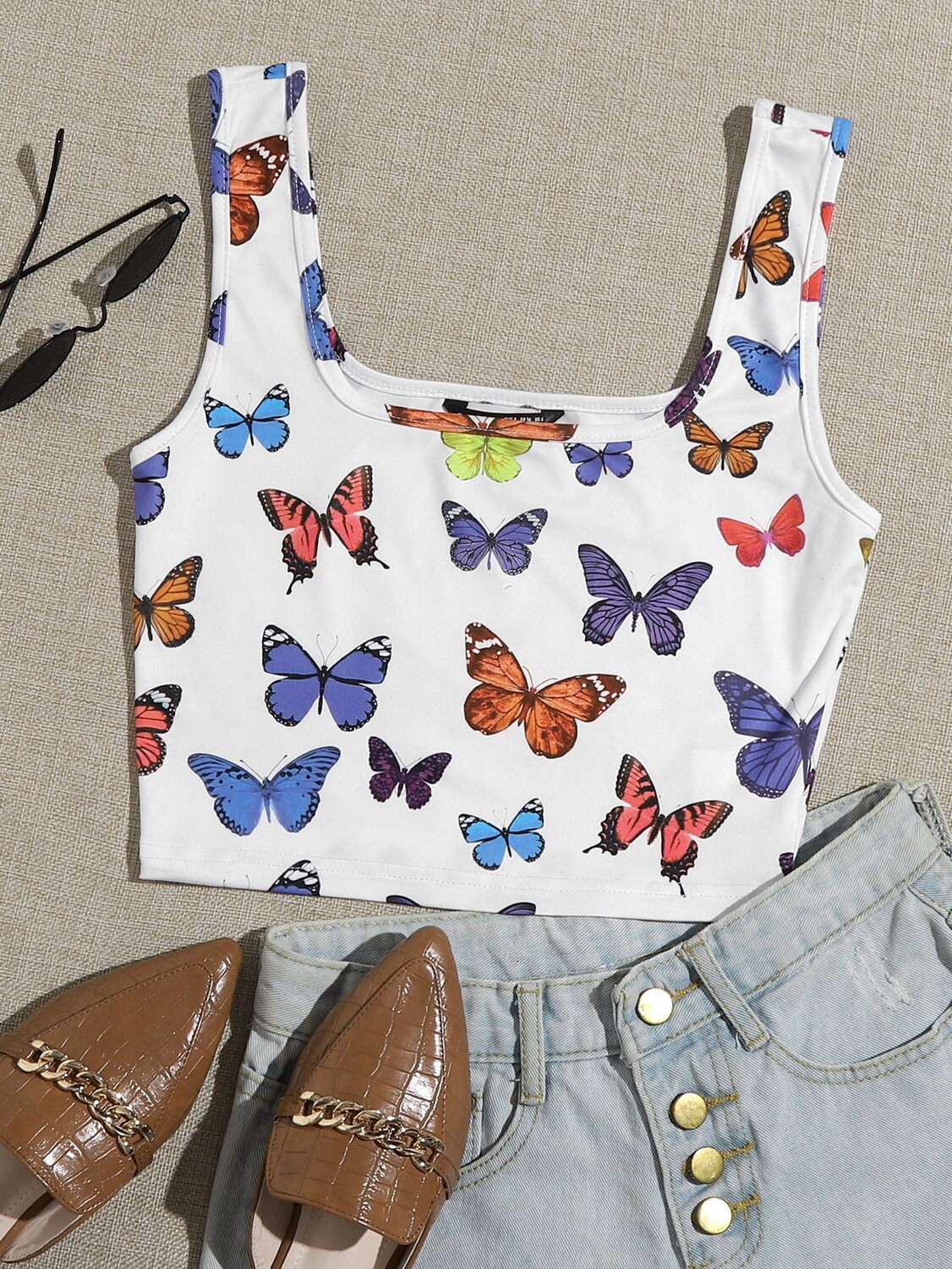 

SHEIN Майка EZwear, узор «бабочка», укороченный фасон, многоцветный