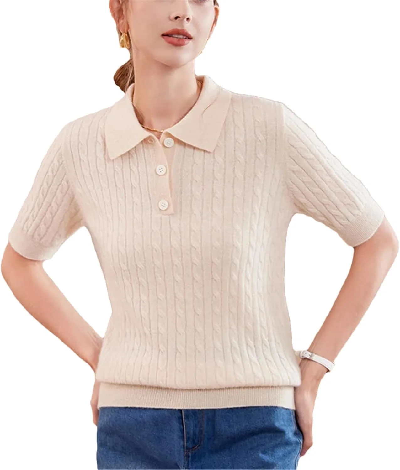 

Женский короткий рукав свитер из кашемира с лацканом