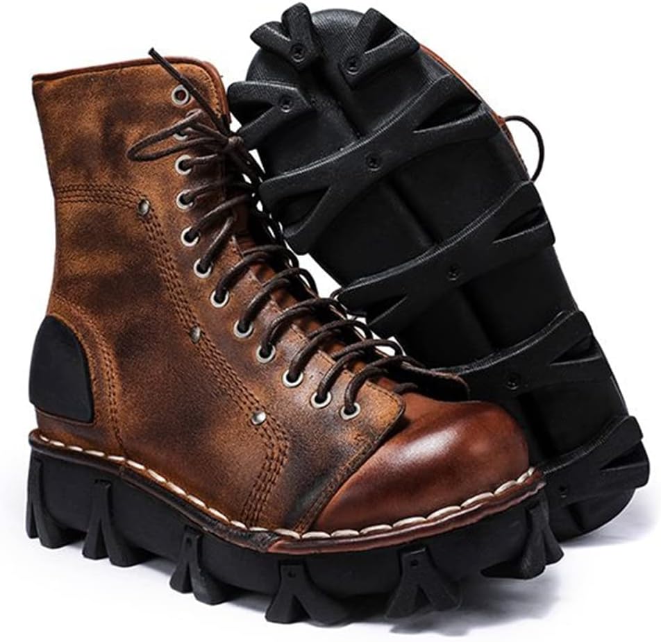 

Мужские ботинки с круглым носком, низким каблуком и шнуровкой, армейские короткие ботильоны, модные панк-винтажные кожаные туфли Hfuhlk, Brown Leather Lining