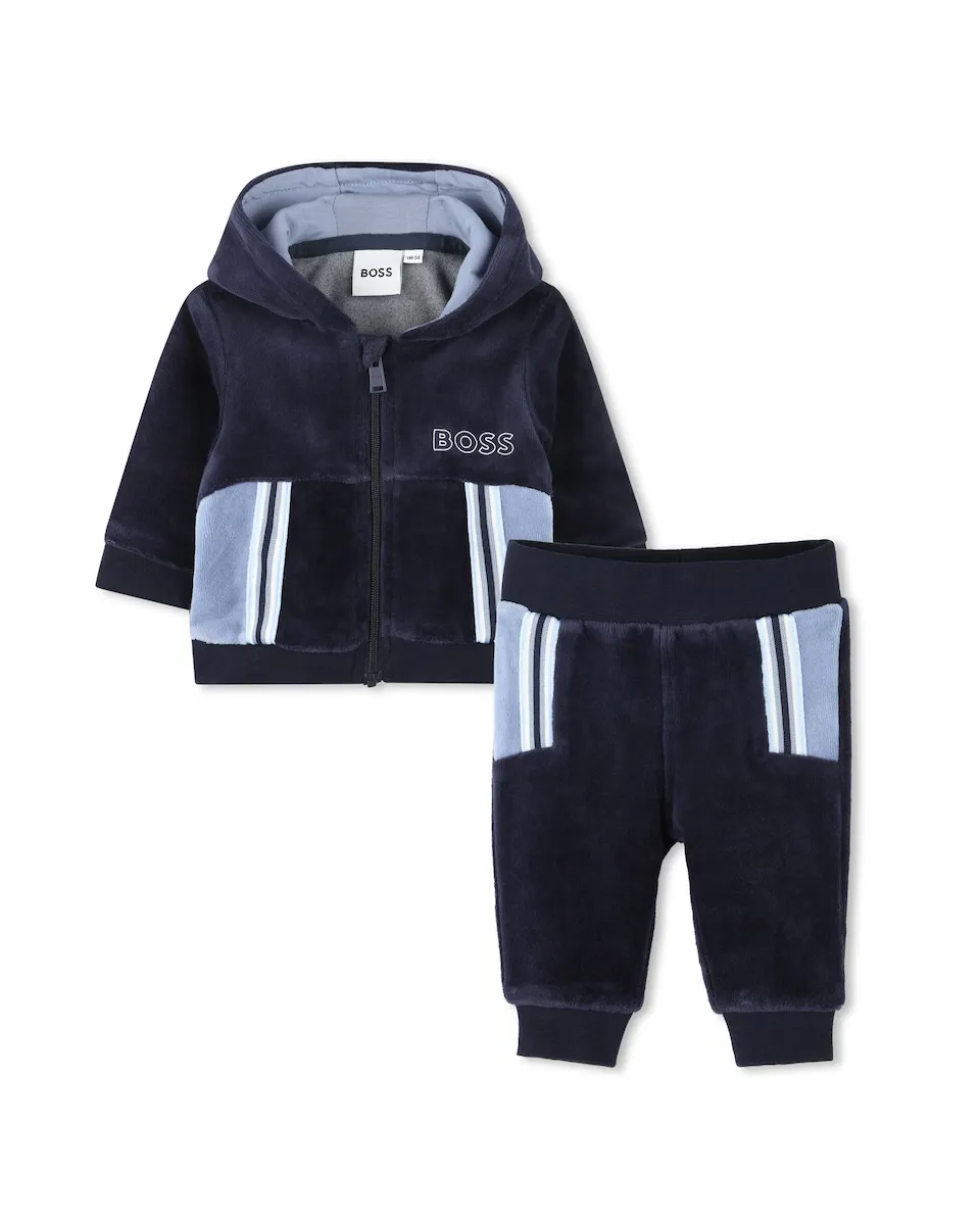 

Бархатный спортивный костюм для мальчика с капюшоном BOSS Kidswear, темно-синий