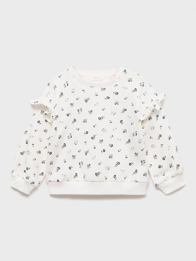 

Детский джемпер с цветочным принтом и оборками на рукавах из хлопка Mango, Natural White