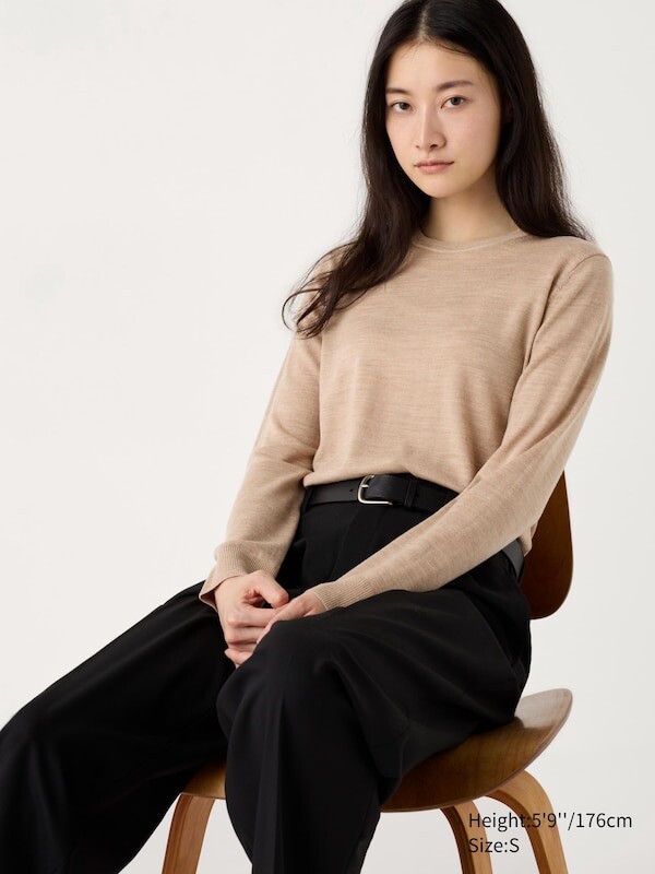 

Джемпер с круглым вырезом из мериноса Uniqlo, бежевый