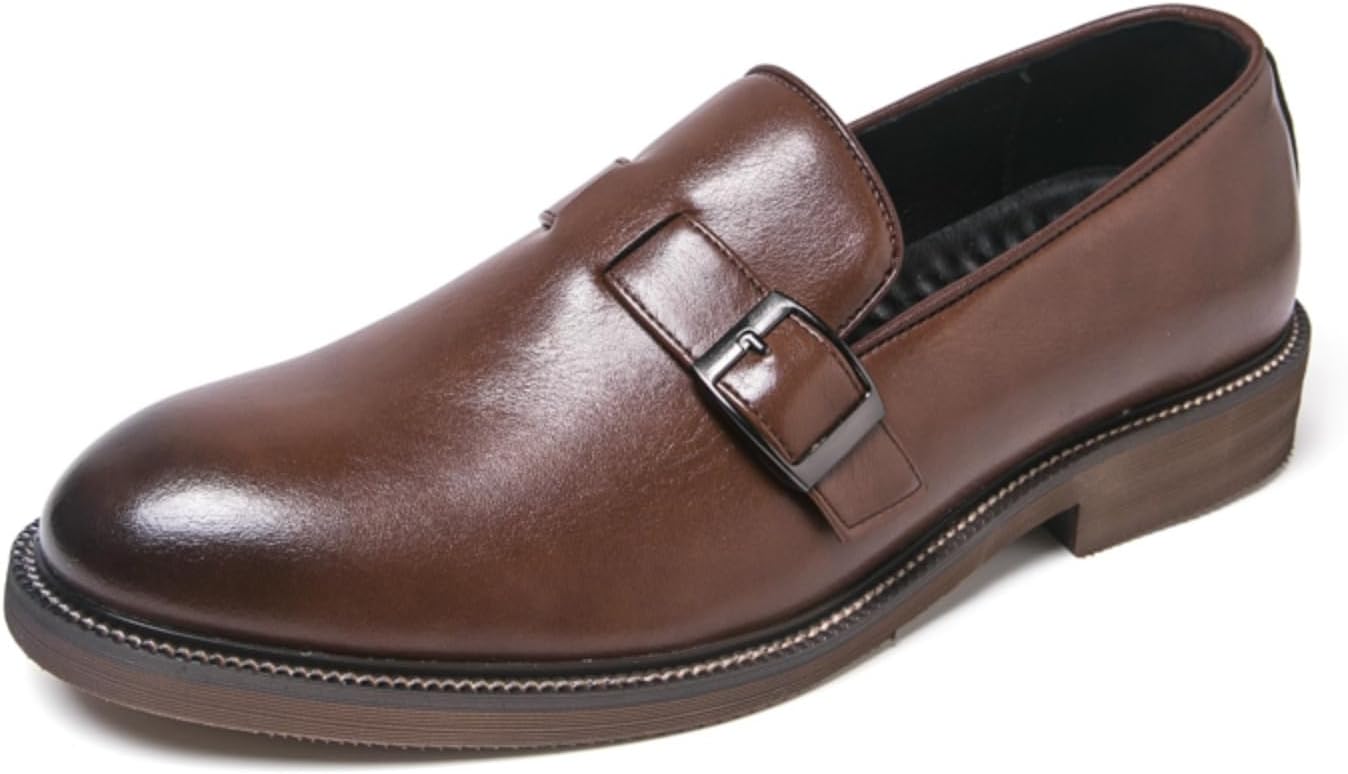

Мужские кожаные лоферы без шнурков с пряжкой, классический круглый носок, низкий каблук, формальные деловые туфли, легкая и удобная обувь для офиса, официальных мероприятий и свадеб Psieicwm, коричневый