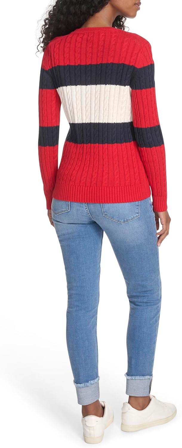 Женский хлопковый свитер Tommy Hilfiger с круглым вырезом и косами, Scarlet Multi Colorblock — фото 4