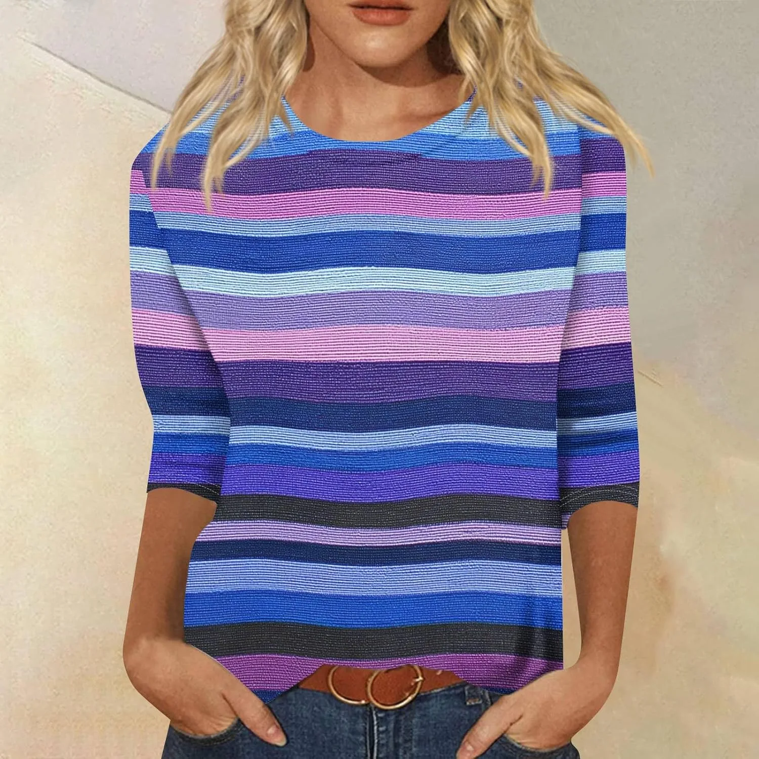 Повседневная блузка для женщин Plus Size с 3/4 рукавом и полоской — фото 2