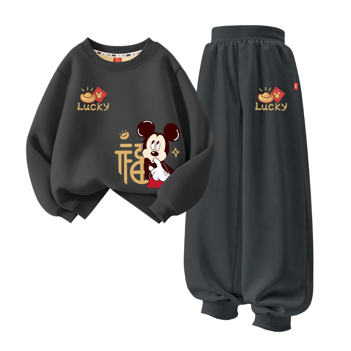 Детский спортивный костюм с круглым вырезом Disney, [Thickened and Fleece-Lined]Delifore Yuan Coin K Burnt Orange+Delifore Yuan Coin K Black — фото 3