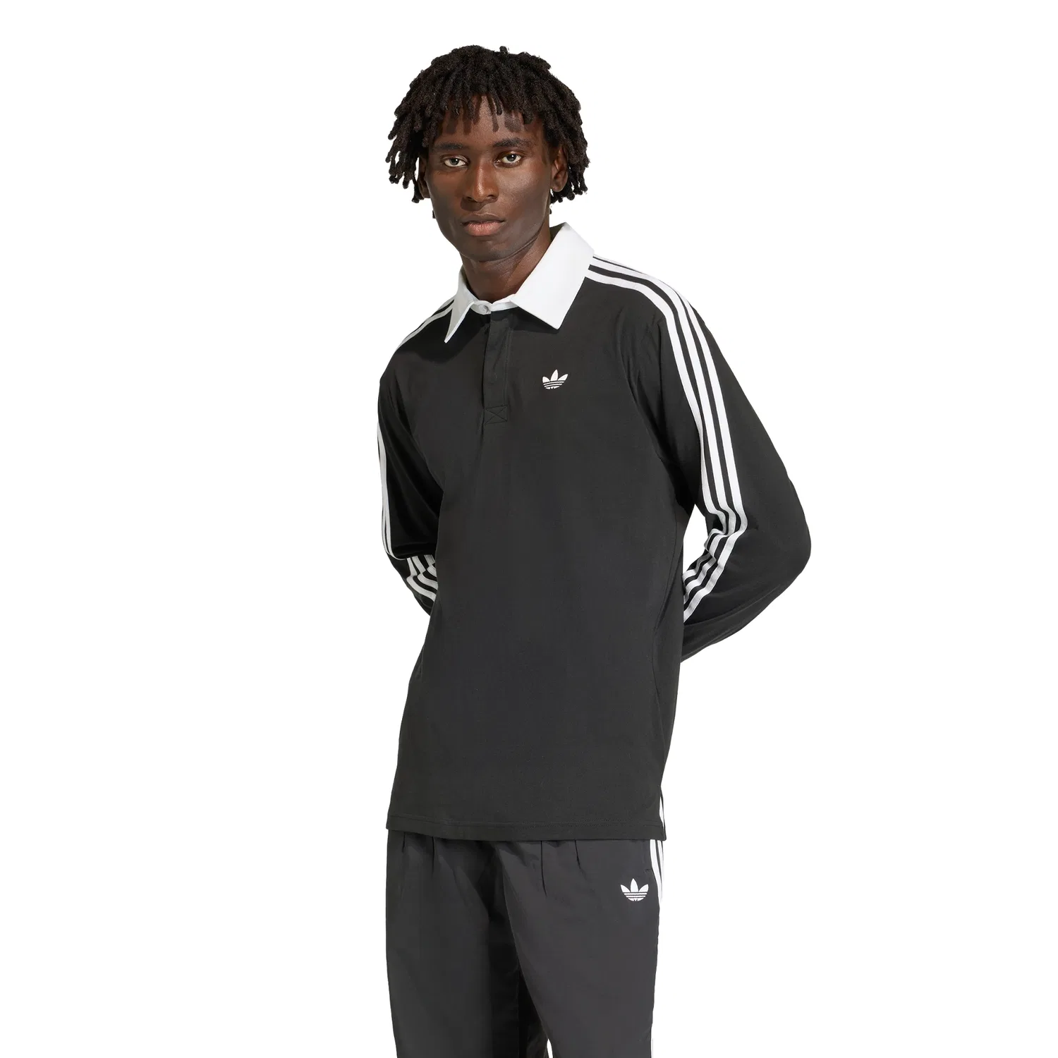 Мужская футболка поло для регби с длинным рукавом 3-Stripes, чёрная, от Adidas — фото 4