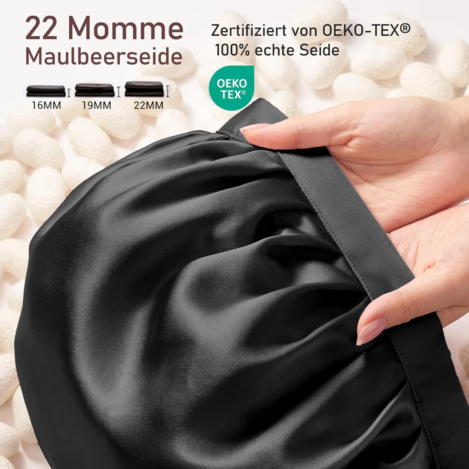 Шелковая шапочка для сна LitBear 22 Momme Litbear, Black — фото 3
