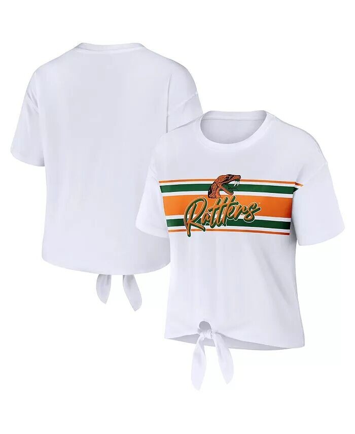 

Белая женская укороченная футболка в полоску с узлом спереди Florida A&M Rattlers Wear By Erin Andrews