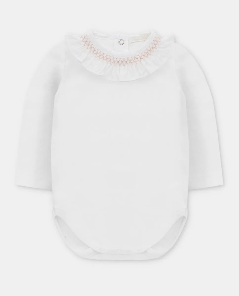 

Боди для младенца из интерлока белого цвета с воланным воротником, вышитым розовым Martín Aranda