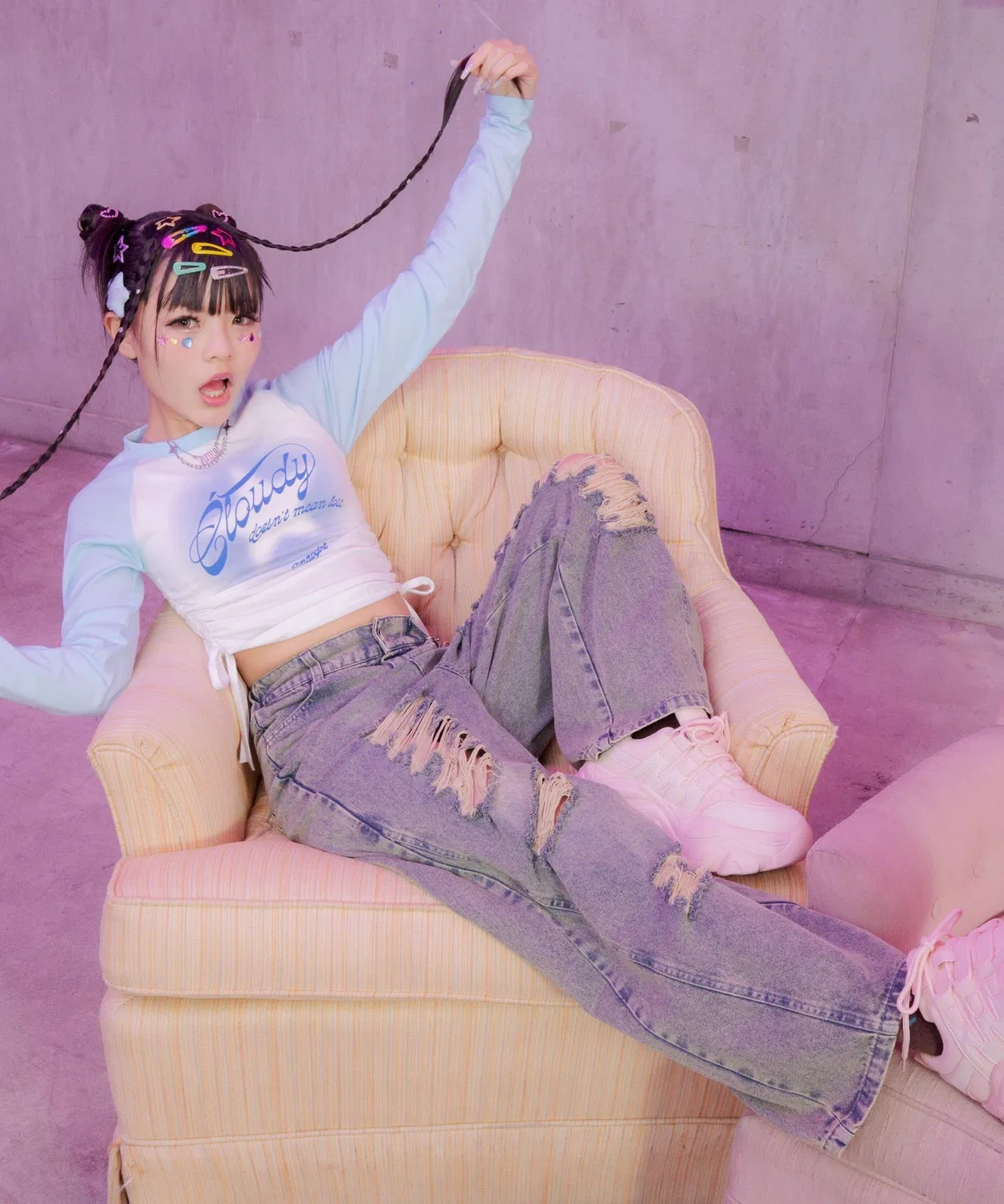 Джинсы с эффектом потертости, широкие, синие — фото 2