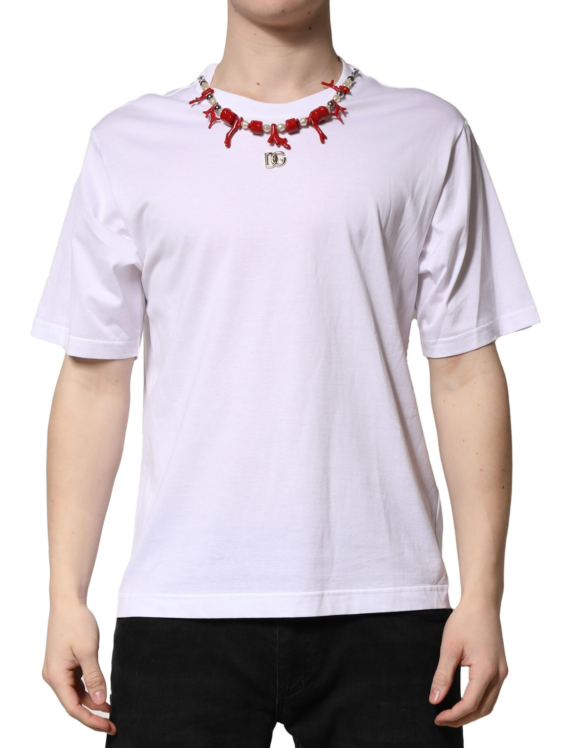 

Белая хлопковая футболка с круглым вырезом и отделкой Dolce & Gabbana, White