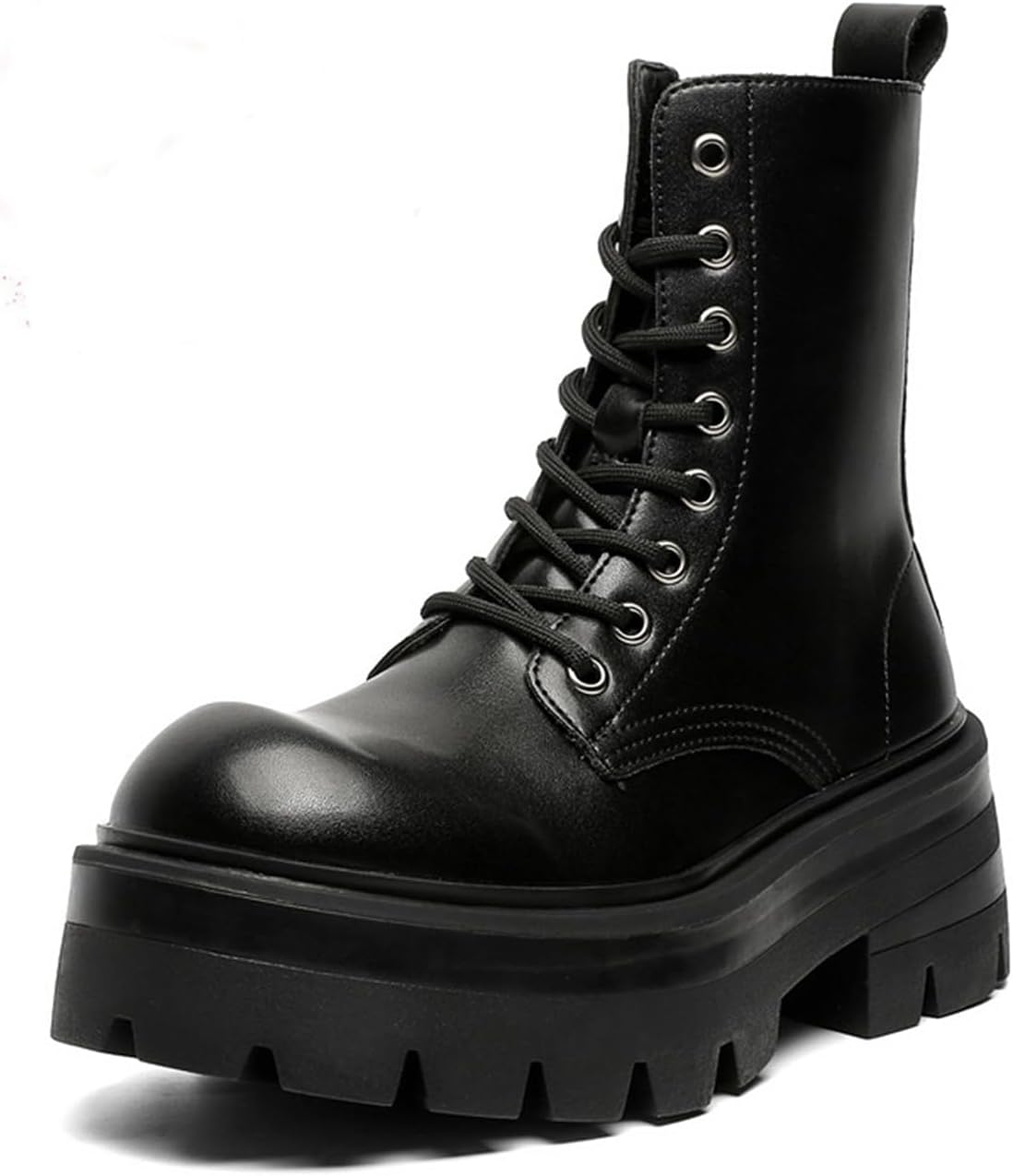 

Мужские кожаные боевые ботинки на платформе с шнуровкой, круглым носком и массивной подошвой, мотоциклетные ботинки с боковой молнией, противоскользящие высокие ботинки-казаки Generic, черный