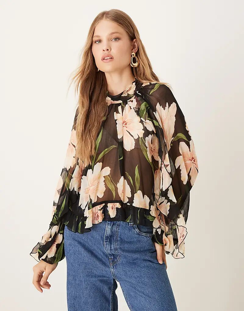 

Прозрачная блузка с круглым вырезом и длинными рукавами цвета Mango с темным цветочным принтом