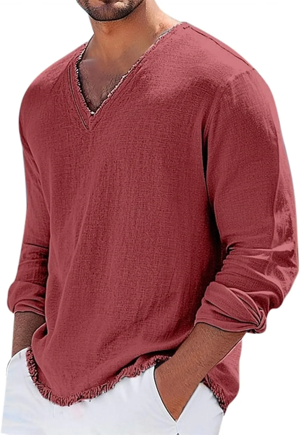 

Мужская футболка V-образного выреза из льна, оверсайз, с длинным рукавом