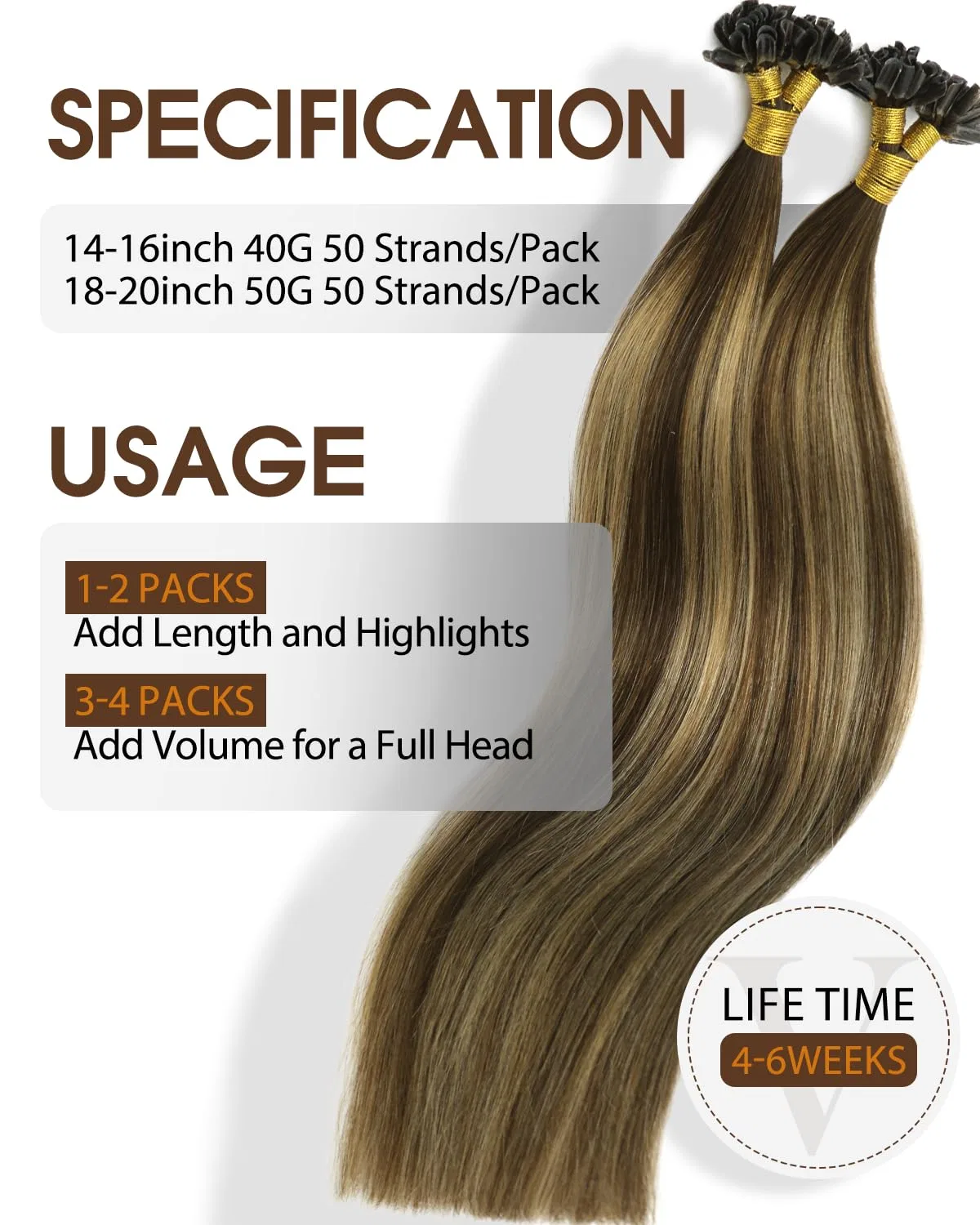 Наращивание волос VINBAO U-Tip из натуральных волос, 35 см, 40 г Vinbao, #4/27/4 Balayage Dark Brown To Caramel Blonde — фото 2