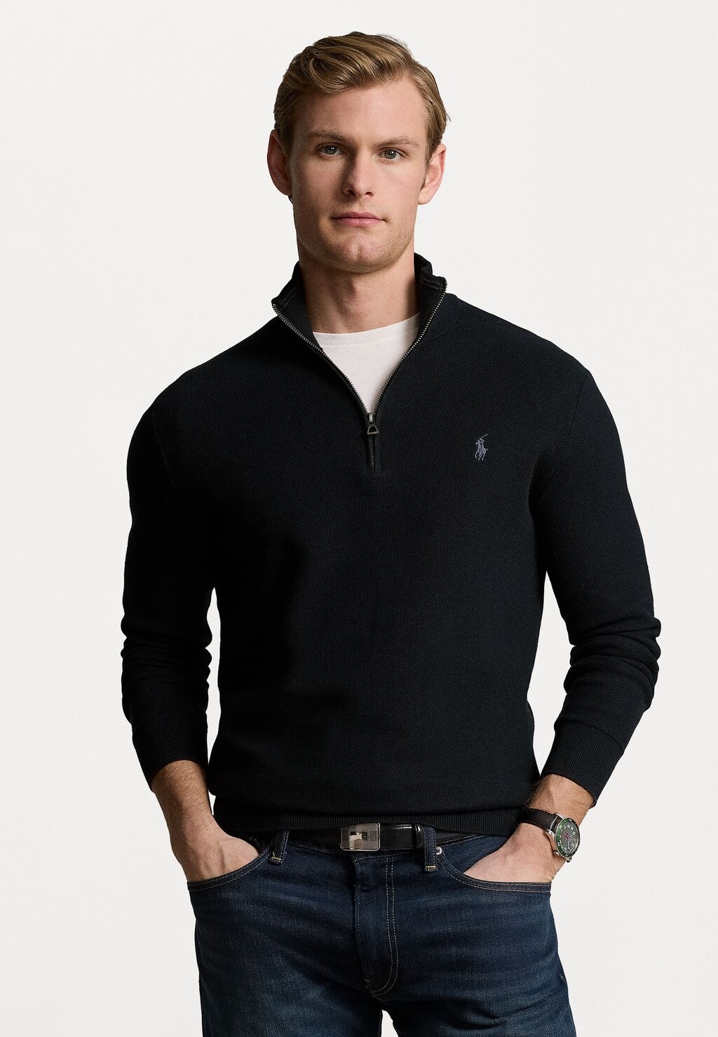 Вязаный свитер MESH-KNIT COTTON QUARTER-ZIP JUMPER Ralph Lauren, черный — фото 3