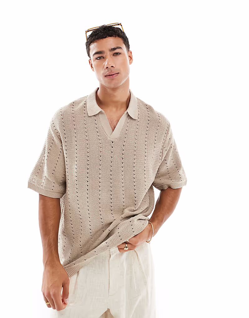 

Поло Jack & Jones с разрезным воротом, связанное крючком, бежевого цвета