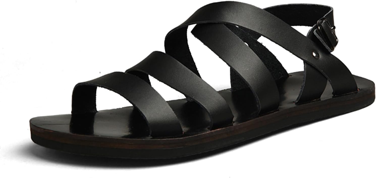 

Мужские кожаные сандалии с вырезами на плоской подошве, с регулируемой пряжкой на щиколотке, легкие, нескользящие гладиаторские сандалии, модные с открытым носком, для летнего пляжа Nejkg, черный