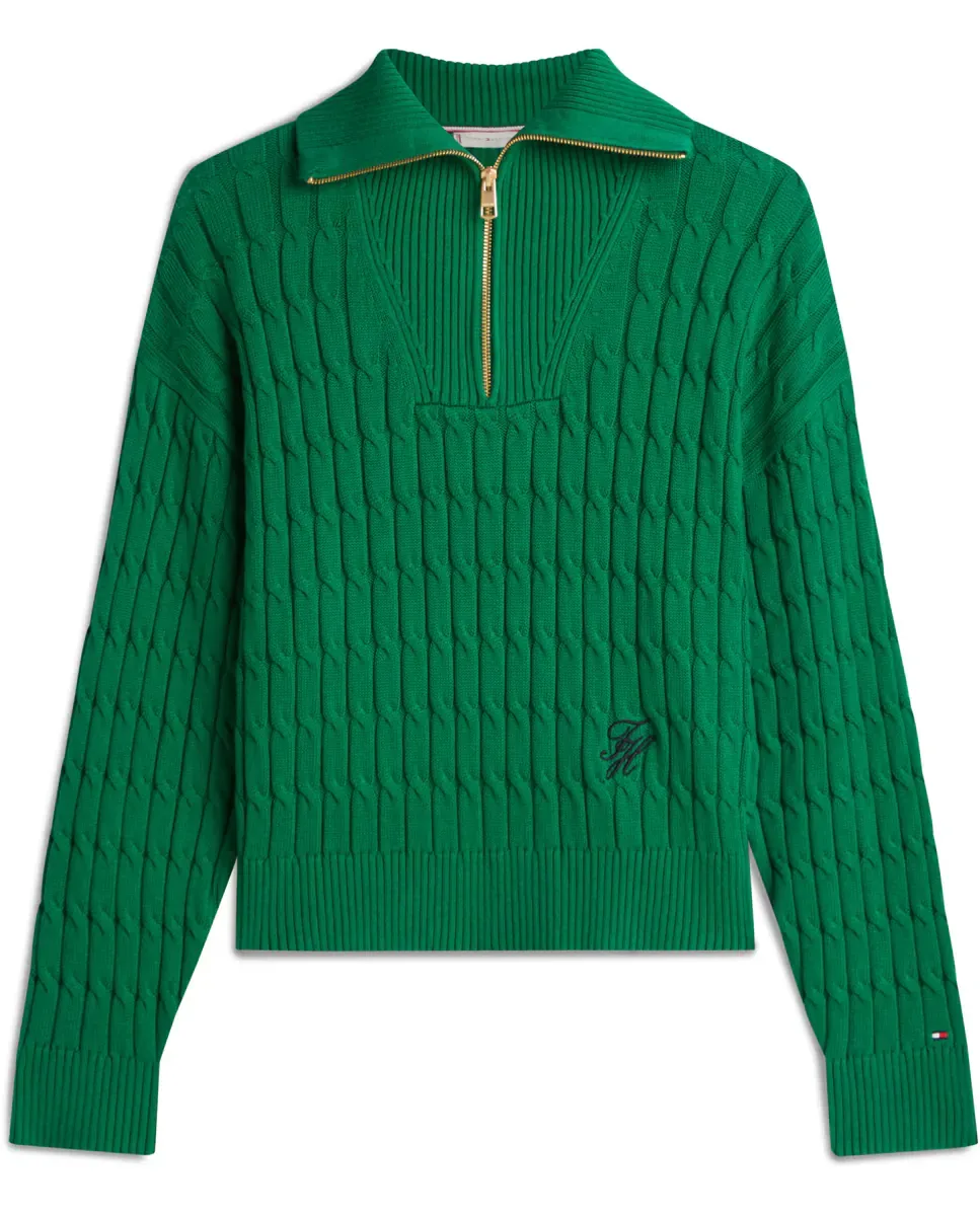 Женский свитер с аранами и короткой молнией Tommy Hilfiger, зеленый — фото 4