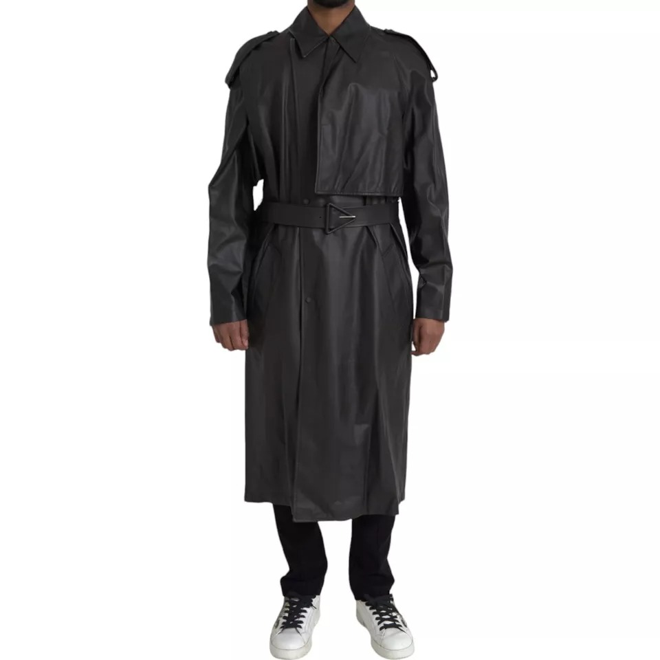 

Черная кожаная мужская водонепроницаемая куртка-тренчкот Bottega Veneta