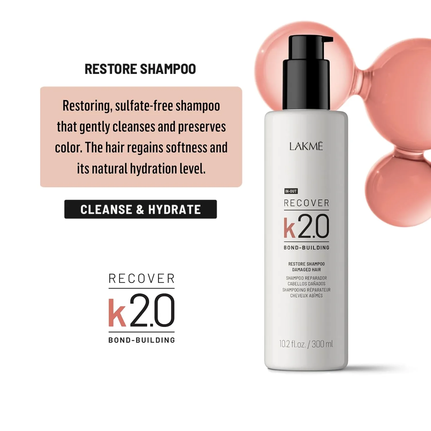 Шампунь Lakmé K2.0 Recover Restore, восстанавливающий шампунь для сухих и поврежденных волос, укрепляет и защищает волокна, без сульфатов, защита цвета, 10,2 жидких унций. — фото 2