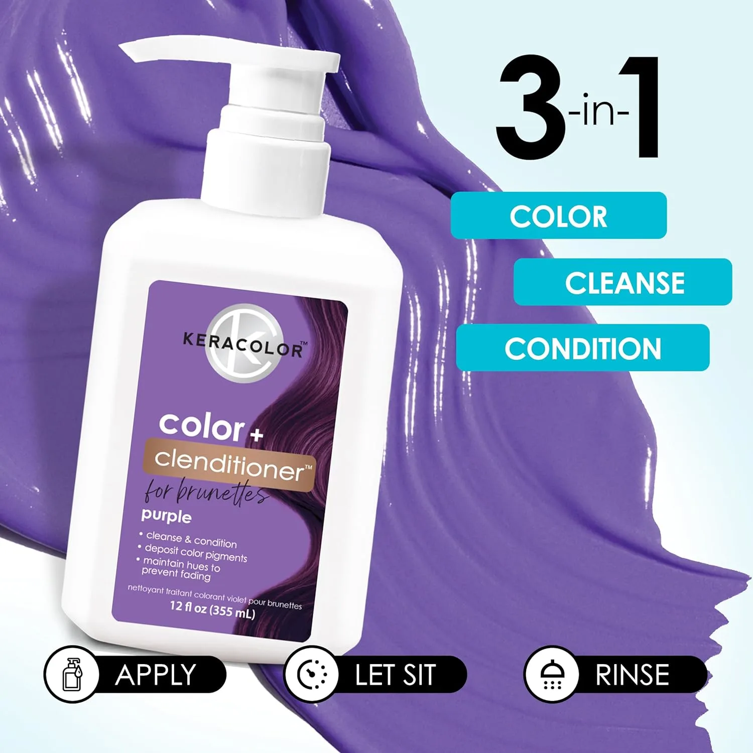 Keracolor Color + Clenditioner 3-в-1 Кондиционер для окрашивания волос для брюнеток, мягко очищает и кондиционирует, полуперманентная краска для волос, 355 мл, Purple — фото 4