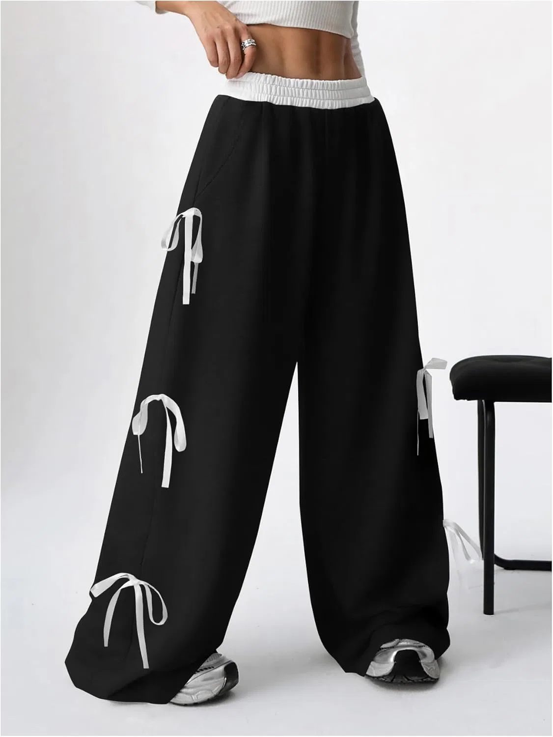 Детские спортивные штаны Verdusa Coquette Bow Wide Leg Baggy Pants Lightweight Cute Spring Summer Sweatants с карманами для девочек, Grey Black — фото 3