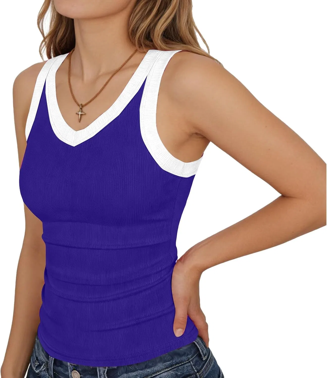 Женский топ V-образным вырезом, облегающий, бренд Generic, синий — фото 2