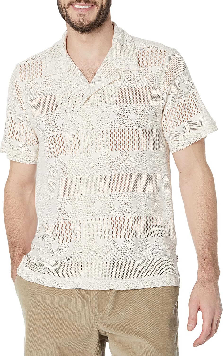 

GUESS Мужская Гео Крючком Короткий Рукав Вязаная Футболка, Muted Stone