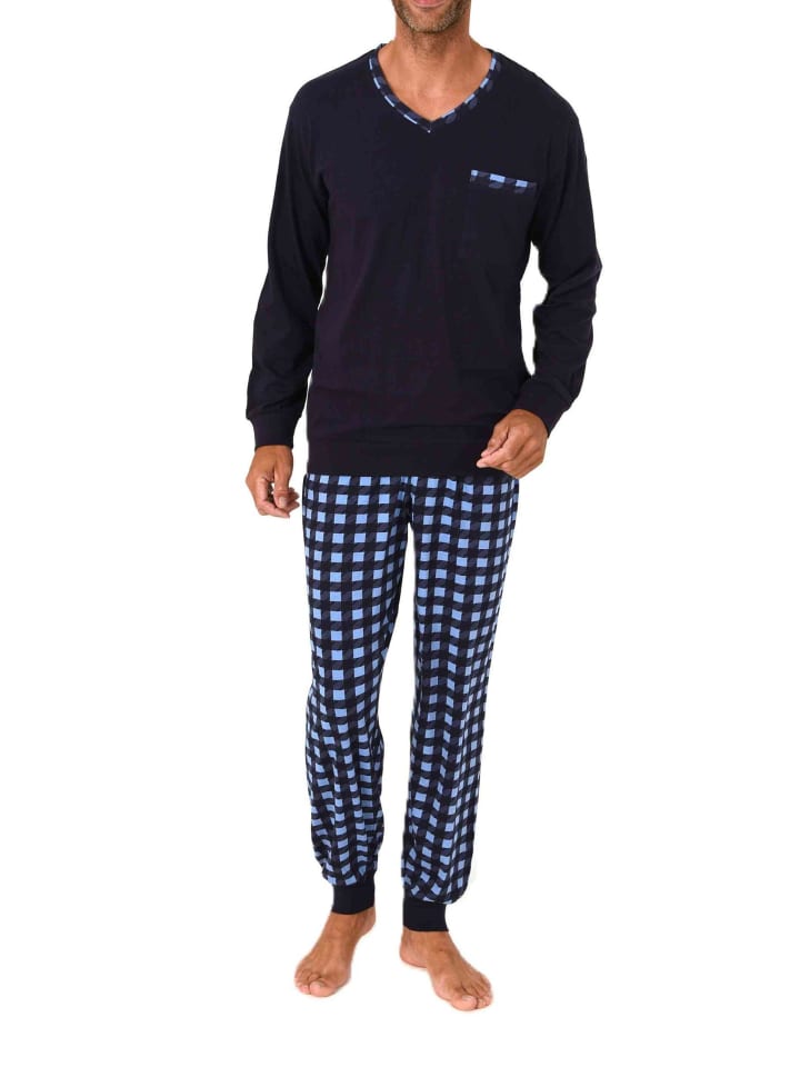 

NORMANN Пижамный комплект с длинными рукавами и манжетами, а также клетчатые трикотажные пижамные штаны темно-синего цвета
