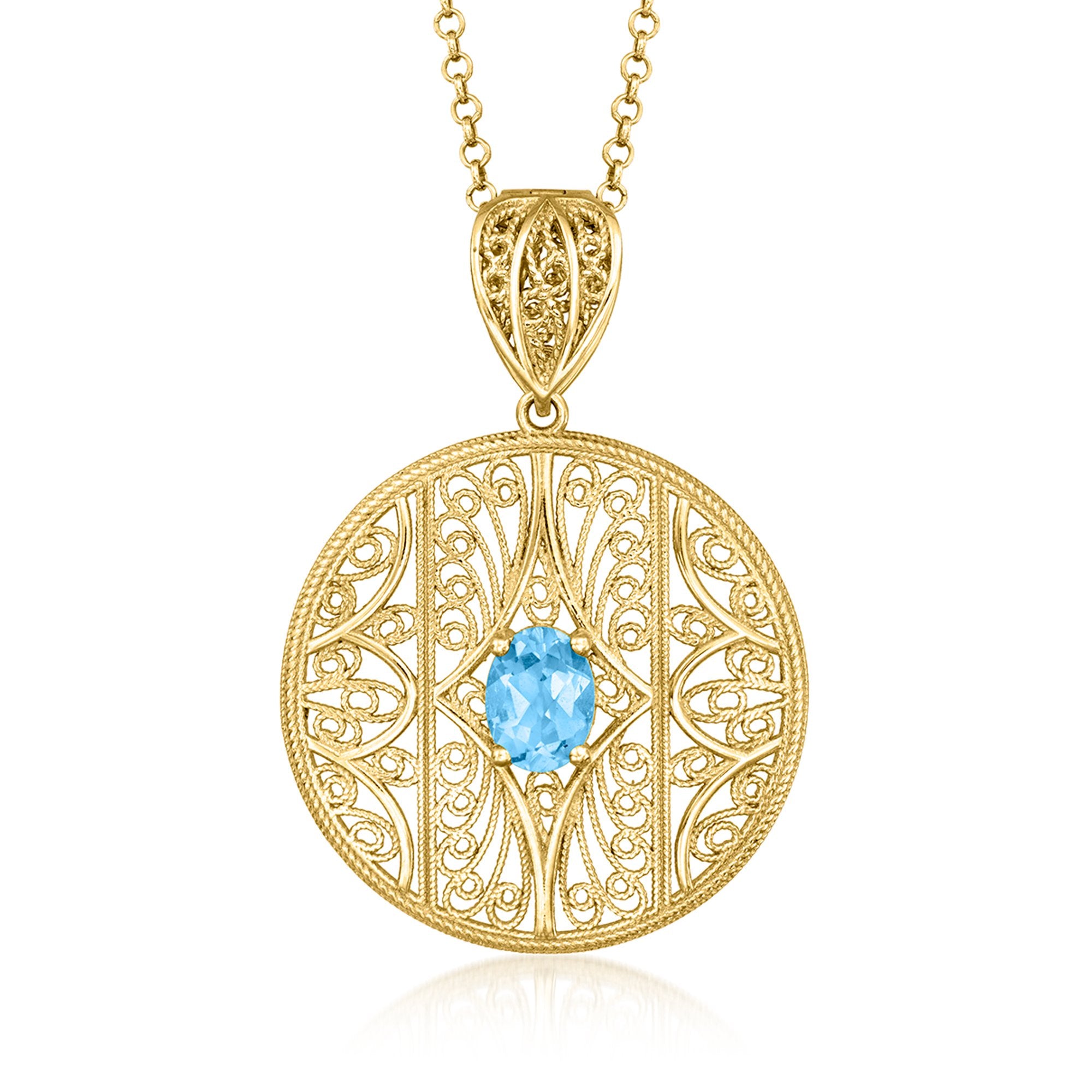 

Ожерелье с филигранным кулоном Ross-Simons Swiss Blue Topaz из 18-каратного золота поверх стерлингового серебра Ross-Simons, 18 In