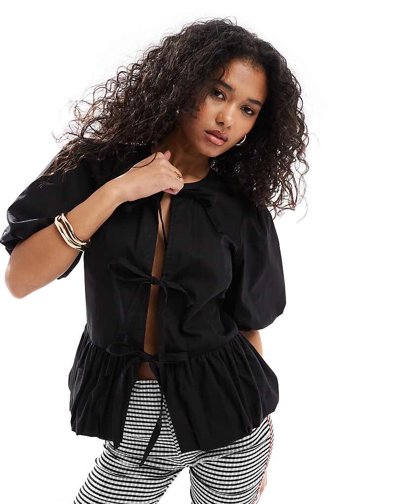 

ASOS DESIGN – черный хлопковый топ с пышными рукавами и баской