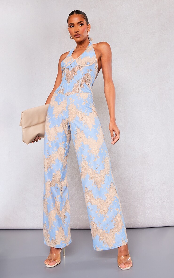 

PrettyLittleThing Синий кружевной комбинезон с корсетом и бретельками на косточках