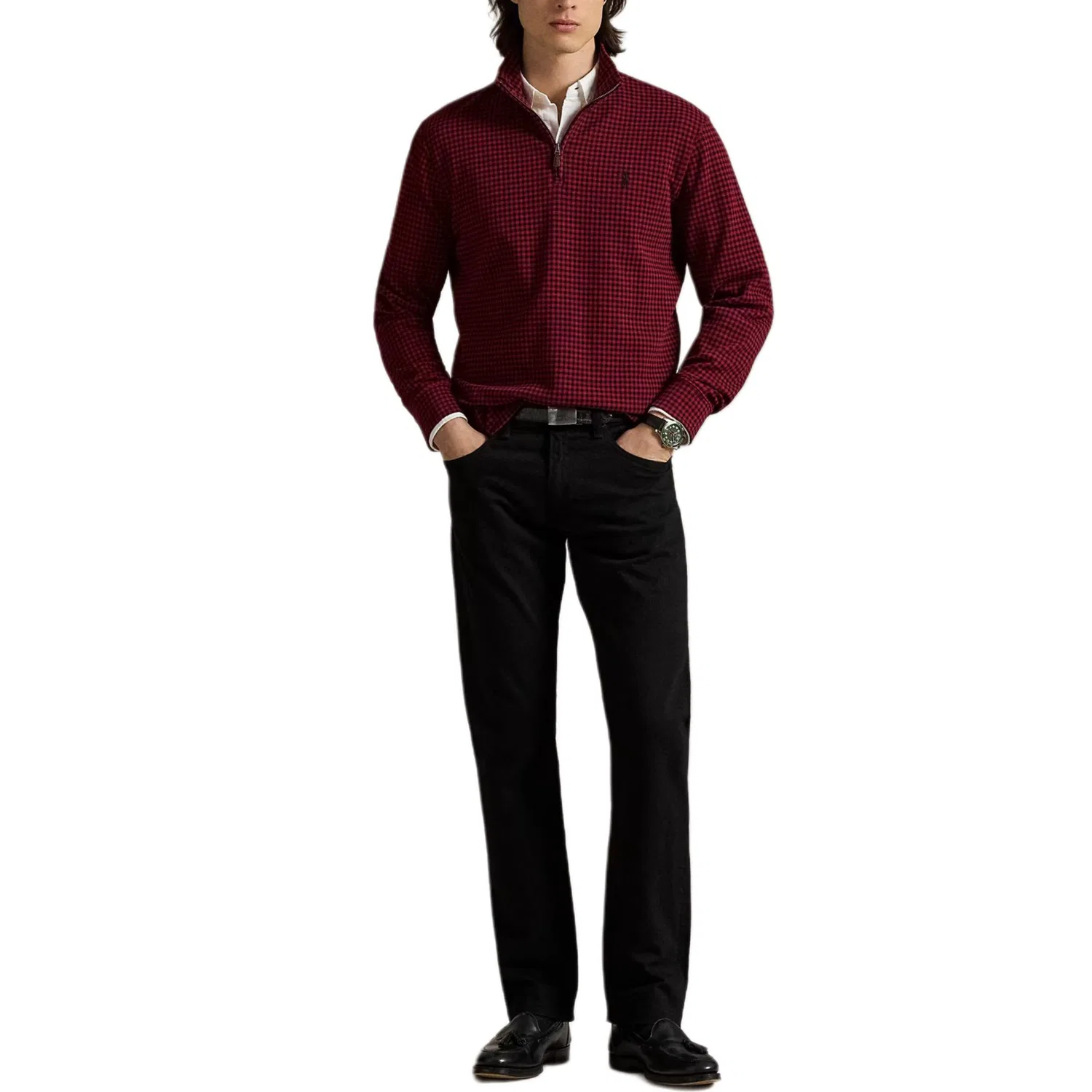 Свитер полузастежка-молния в клетку гингем Polo Ralph Lauren, Holiday Plaid Red — фото 2