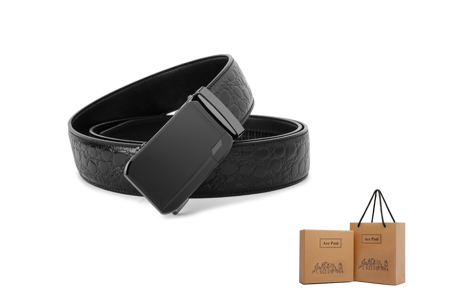 

Ace Paul Ремень из натуральной кожи для мужчин черный шириной 3.5 см, Black + stone grain 110cm