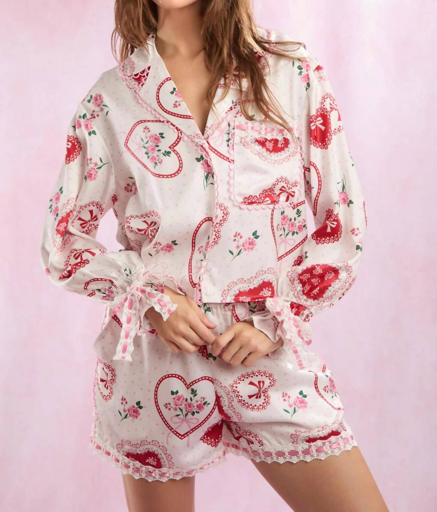 

Комплект пижамы из сатина с кружевом в виде сердца в бело-розовом цвете Peach Love