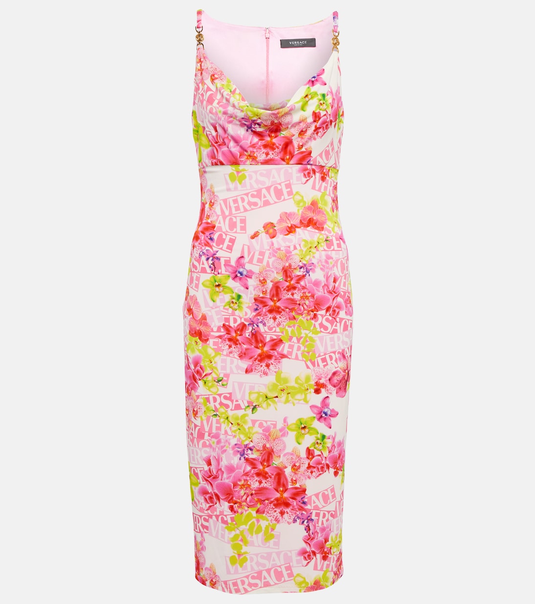 

Платье миди из крепа с цветочным принтом и логотипом Versace, White+Pink