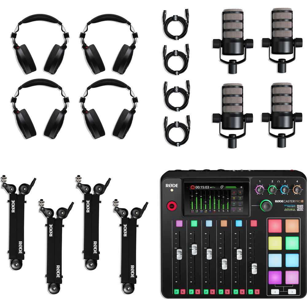 

Комплект для подкастинга RODE RODECaster Pro II на 4 человека с микрофонами PodMics, студийными штангами, наушниками и кабелями
