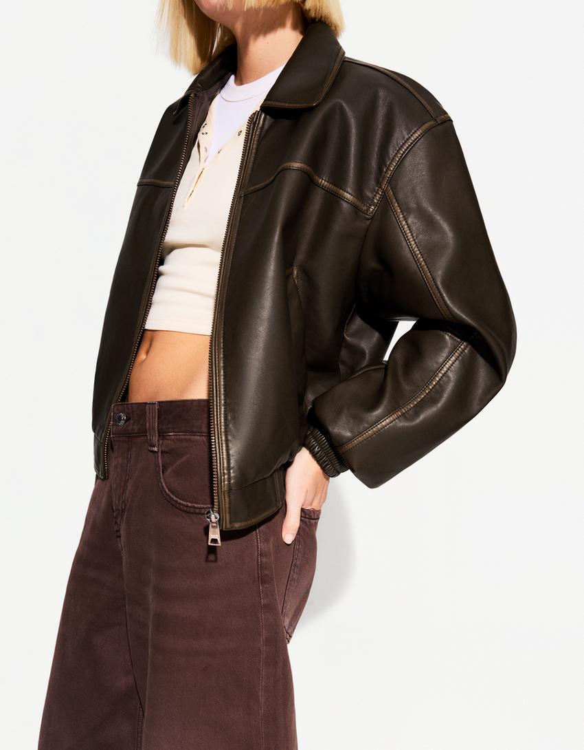 

Куртка оверсайз из искусственной кожи Bershka, коричневый