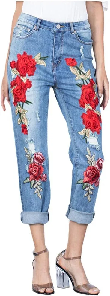 

Ladyful женские джинсы с цветочной вышивкой кроп прямые потертые