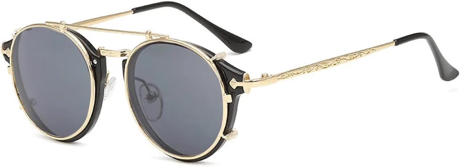 

Круглые солнцезащитные очки в стиле стимпанк для мужчин и женщин, двухслойные, со съемными линзами, отстегивающиеся линзы, прозрачные, с полыми дужками DSVIGF, Gold Grey