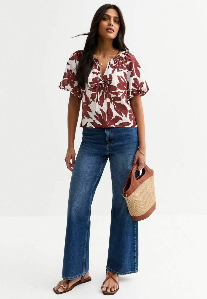 

Блуза PRINTED TIE FRONT PUFF SLEEVE New Look, белый